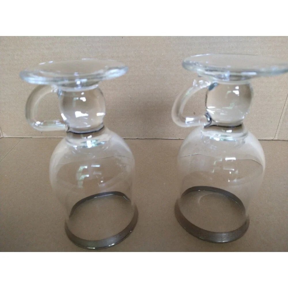 Set of 2 Clear Irish Coffee Glasses with Silver Rim and Footed Handle